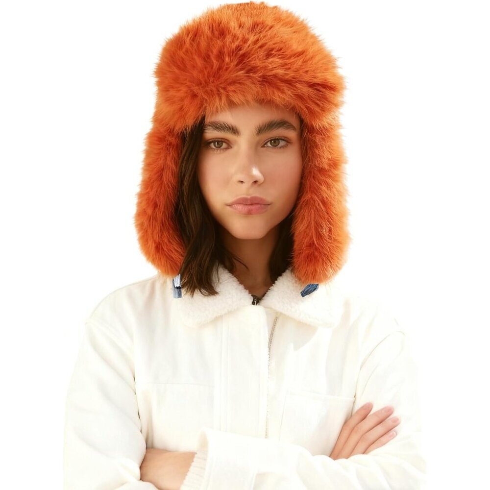 Women's Orange Faux Fur Ski Trooper Winter With Earflap Classic Snow Ushanka Cap